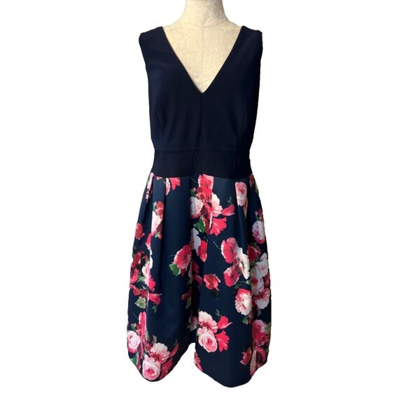 XScape A Line Dress 16W Navy Blue Floral Stretch Career Church Wedding Party - Picture 2 of 9